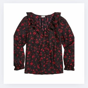 J. Crew Blouse Size XL Floral Ruffle V-Neck Top Black With Red Flowers